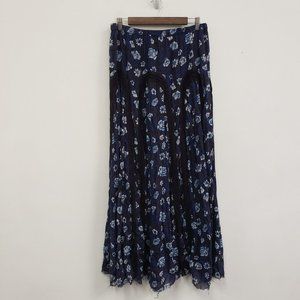 Free People Womens Zoe Maxi Skirt Size M Blue Floral Crochet Raw Hem Pull On